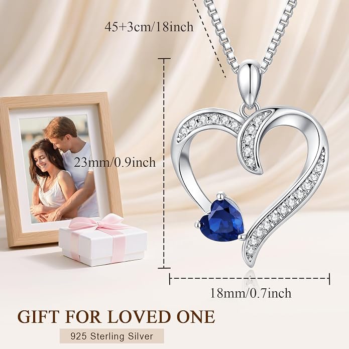Love Heart Necklace for Women, 925 Sterling Silver Cubic Zirconia Birthstone Heart Pendant Jewelry Gift for Mom, Mother, Wife, Girlfriend on Birthday, Mother's Day, Chain 18 inch