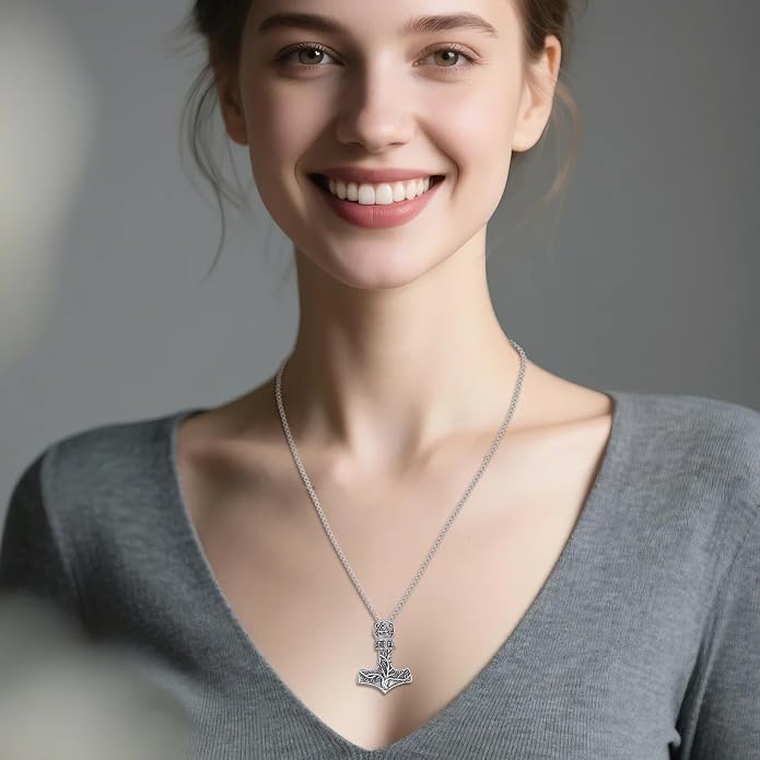 Viking Thor's Hammer Necklace Sterling Silver Vintage Norse Mjolnir Pendant Amulet Jewelry Gifts for Women Men