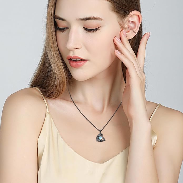 CHENGHONG Celtic Moon Necklace for Women 925 Sterling Silver Celtic Knot Moonstone Pendant Necklace Crescent Irish Necklaces Celtics Jewelry Gift for Women Men