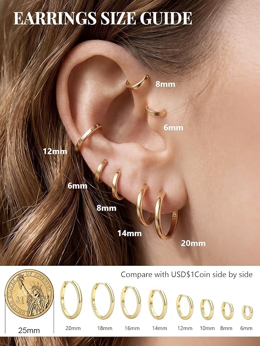 Silvora Sterling Silver Hoop Earrings for Women, Small Hoops 14K Gold Plated/925 Silver/Rose Gold/Black, Hypoallergenic Huggie Lightweight Cartilage Sleeper Earrings 8/10/12/14/16/18/20mm