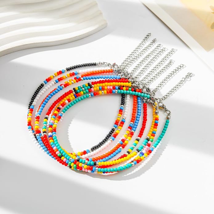 XIJIN Large Beaded Anklets Set Handmade Plus Size Colorful Beads Anklet for Women Foot Ankle Bracelet 9-11 inches