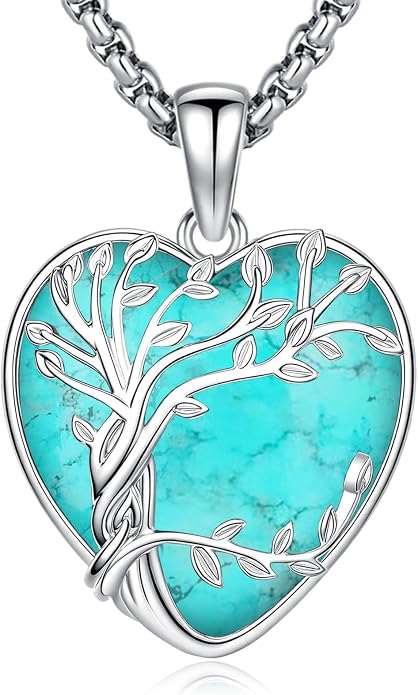Eusense Tree of Life Necklace for Women White Gold Plated Copper Moonstone/Turquoise/Black Onyx/Crystal Birthstone Pendant Jewelry Gifts for Women Men