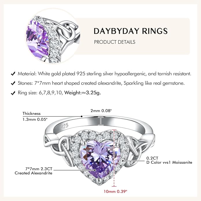 DAYBYDAY Celtic Birthstone Rings for Women 925 Sterling Silver Heart/Round/Pear/Oval Created Gemstone Moissanite Halo Engagement Promise Rings for Her Wife Birthday Anniversary Wedding Jewelry