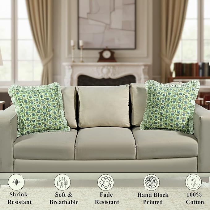 Ridhi Block Print Apple Green Floral Throw Pillow Cover 20" x 20" (Pack of 2) Decorative Cushion Covers with Ruffle for Couch, Sofa, Bed, Living Room, Home Decor Gift for Spring, Easter, Valentine