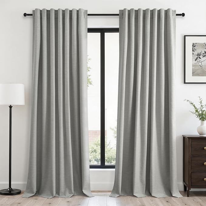 Grey Linen Blackout Curtains 95 Inch Long 2 Panels Back Tab Thermal Insulated Light Blocking Curtain for Living Room 100% Black Out Drape for Bedroom Neutral Rustic Farmhouse 52x95 Length Frost Grey