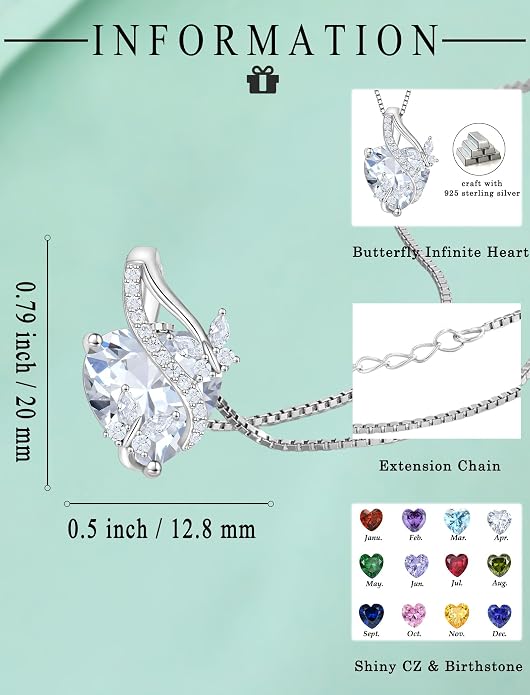 Butterfly Necklaces for Women Sterling Silver Infinity Heart Pendant Birthstone Jewelry Gift with 14k Yellow Gold/Rose Gold Plated