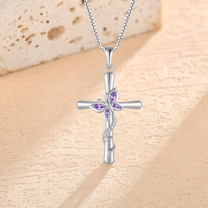 Cross Necklace for Women 925 Sterling Silver Butterfly Necklace Birthstone Pendant Created Gemstone Jewelry Gifts for Women