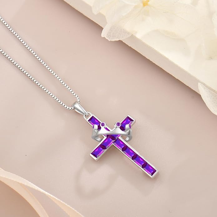 Gemstone Crown Cross Necklaces for Women, 925 Sterling Silver Rectangular cut Zircon Pendant With Rotated Crown Faith Cross Jewelry Gift