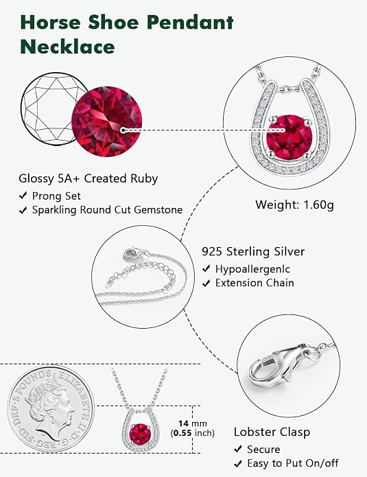925 Sterling Silver Horseshoe Necklace for Women Round Gemstone Birthstone Necklace Sapphire/Emerald/Ruby/CZ Horse Shoe Pendant Necklaces Jewelry Gift