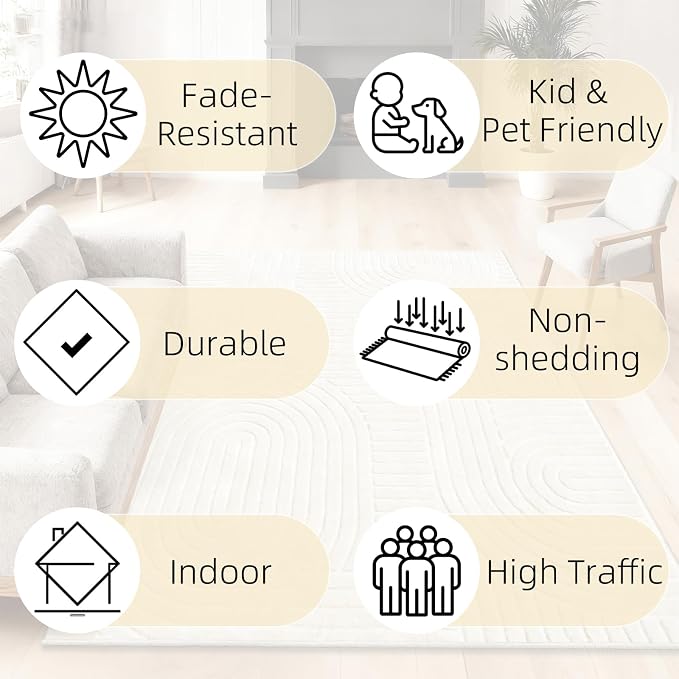8x10 Large Solid Color Area Rug, Washable Living Room Rug, Ultra Soft High-Low Rugs for Bedroom, Non-Slip Geometric Textured Indoor Carpet for Nursery, Kids Room, Apartment, Home Office, Brown