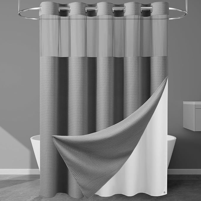 EUTXL Heavyweight Grey Long Shower Curtain and Liner Set - 256GSM Waffle Weave Textured Heavy Duty,Hotel Luxury Weighted Bath Curtain,71W x 86H