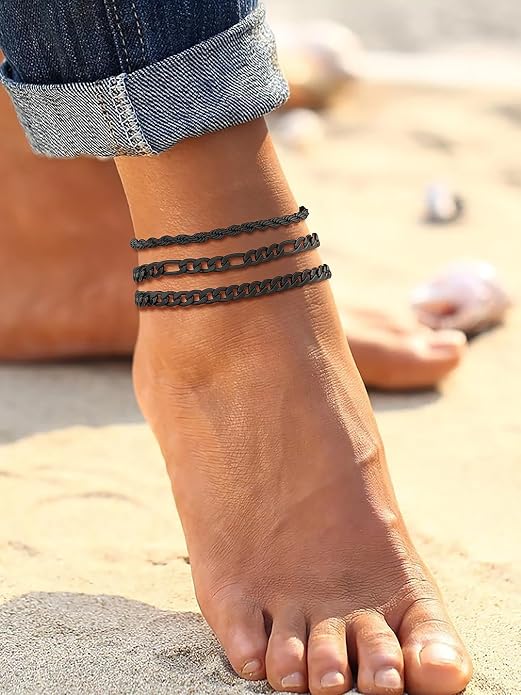 U7 2Pcs/3Pcs Ankle Bracelets for Women, Stainless Steel Cuban Link/Figaro/Rope/Heart Chain Anklets Sets,Waterproof Layered Anklets Adjustable 8.5"-10.5"