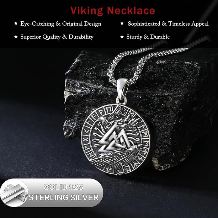 Viking Necklace for Men 925 Sterling Silver Norse Mythology Talisman Jewelry Gifts with 22"+2" Rolo Chain