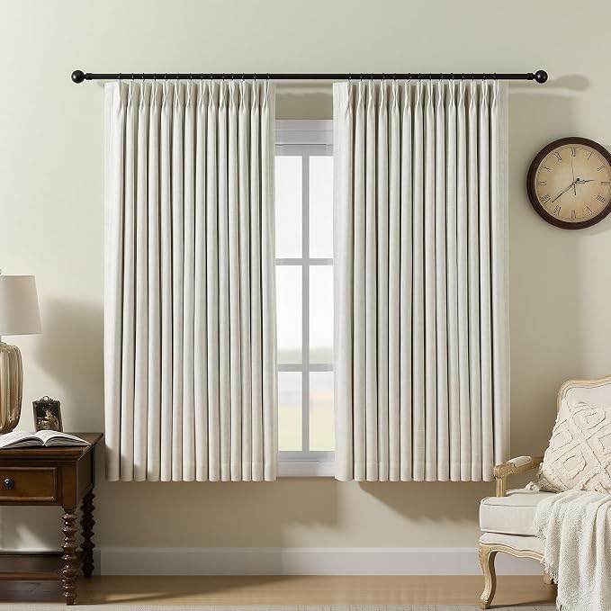 Pinch Pleated Curtains 100% Blackout Linen Curtains 63 Inches Long for Bedroom Living Room, Natural Memory Trained Thermal Insulated Room Darkening Window Pleat Drapes with Hooks, 2 Panels, 40"Wx63"L