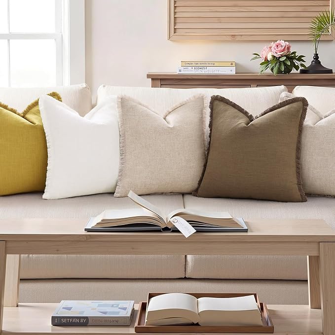 decorUhome Linen Fringe Light Brown Throw Pillow Covers 22x22 Set of 2 | Euro Sham Decorative Soft Accent Modern Boho Farmhouse Cushion Covers with Tassels Cotton Pillow Covers for Couch Bed Sofa