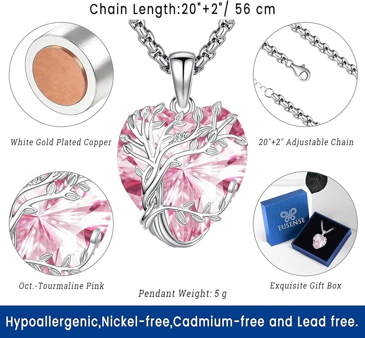 Eusense Tree of Life Necklace for Women White Gold Plated Copper Moonstone/Turquoise/Black Onyx/Crystal Birthstone Pendant Jewelry Gifts for Women Men