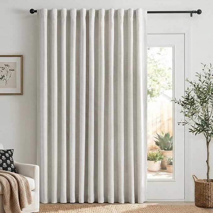 100% Blackout Shield Linen Blackout Sliding Door Curtains for Living Room, Back Tab/Rod Pocket Thermal Insulated Curtains for Sliding Glass Doors, 1 Panel Set, 100" W x 84" L, Beige