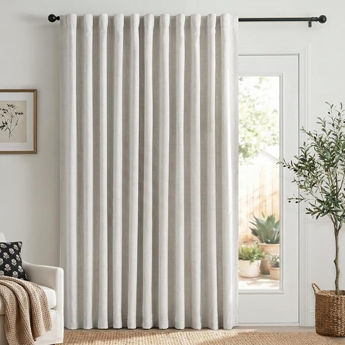 100% Blackout Shield Linen Blackout Sliding Door Curtains for Living Room, Back Tab/Rod Pocket Thermal Insulated Curtains for Sliding Glass Doors, 1 Panel Set, 100" W x 108" L, Beige