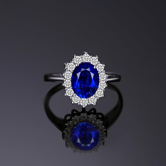 JewelryPalace Princess Diana Kate Middleton Class Gemstone Birthstone Sapphire Halo Engagement Rings for Women, Anniversary 14K White Yellow Rose Gold Plated 925 Sterling Silver Promise Rings for Her