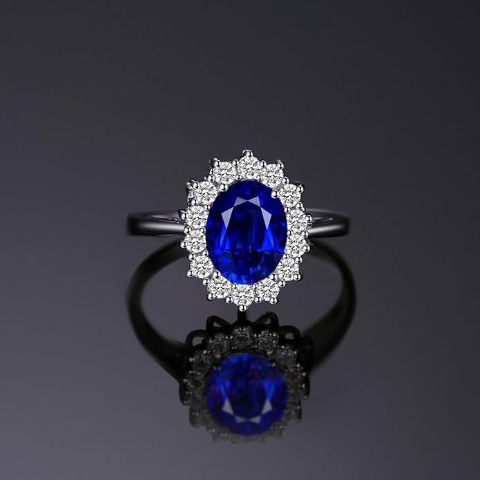 JewelryPalace Princess Diana Kate Middleton Class Gemstone Birthstone Sapphire Halo Engagement Rings for Women, Anniversary 14K White Yellow Rose Gold Plated 925 Sterling Silver Promise Rings for Her