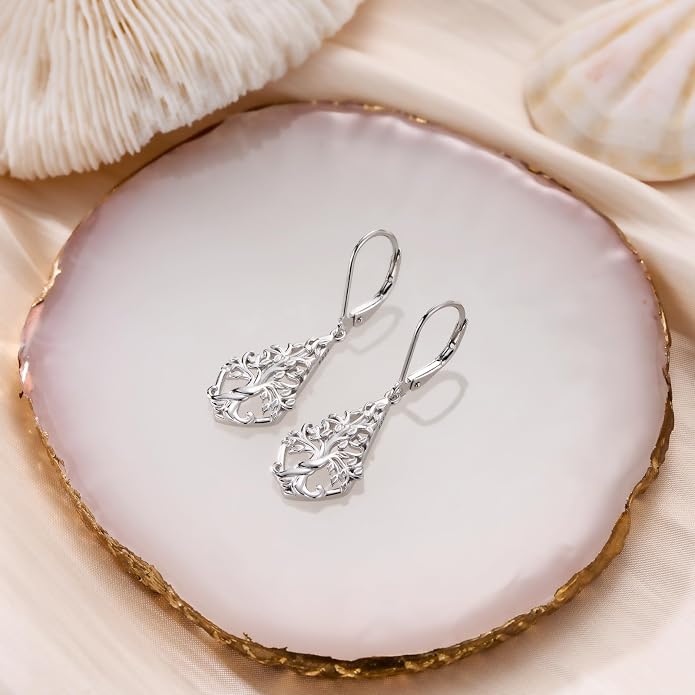 WINNICACA Sterling Silver Dangle Drop Earrings for Women Mom Flower Leverback Earrings Jewelry Christmas Anniversary Birthday Gifts