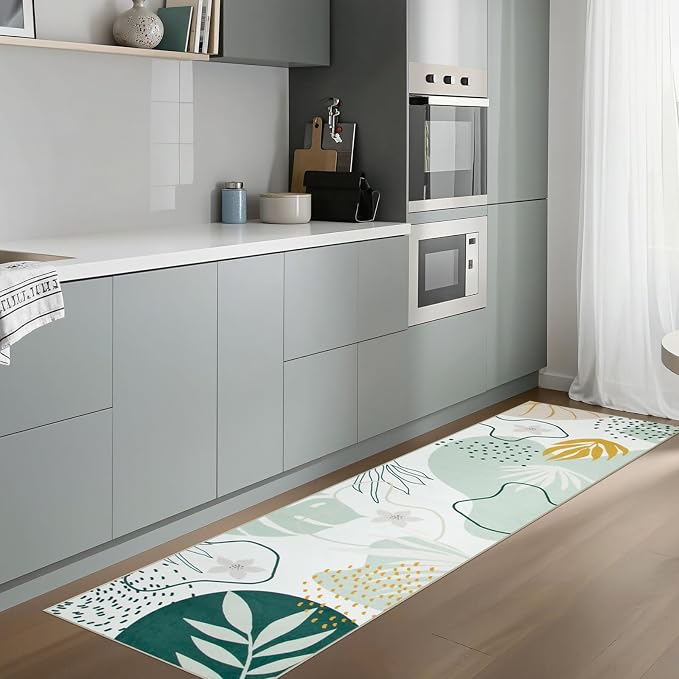 Lahome Green Runner Rugs for Hallway 2x10, Extra Long Washable Non-Slip Kitchen Rug Lightweight Stair Carpet Runner, Boho Botanical Print Soft Entrance Bath Laundry Living Room 2' x 10'