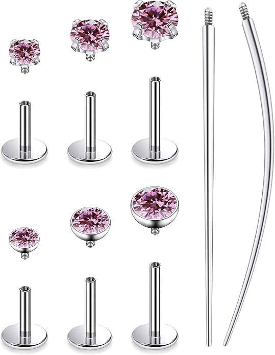 20G 18G 16G Astm F136 Titanium Internally Threaded Flat Back Earrings Nose Rings Studs G23 Titanium Tragus Helix Conch Cartilage Earrings Studs Piercing Jewelry For Women Men Clear Pink CZ