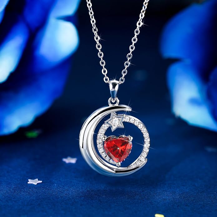 S925 Sterling Silver Birthstone Pendant Necklace Moon Star Necklace Jewelry Gift for Women Anniversary Valentine's day