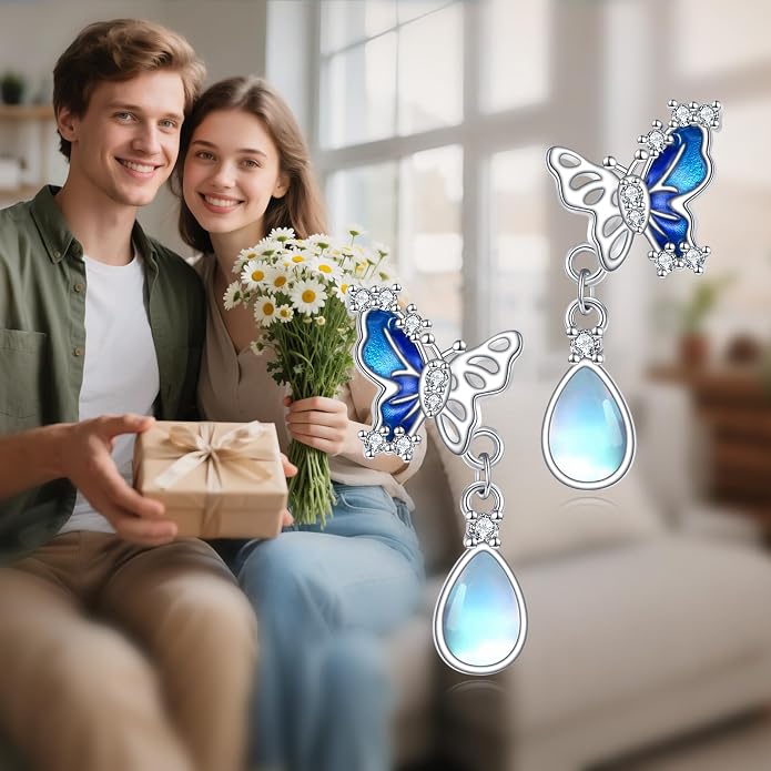 POPLYKE Dragonfly Butterfly Hummingbird Sunflower Earrings 925 Sterling Silver Abalone Shell Moonstone Leverback Earrings Jewelry