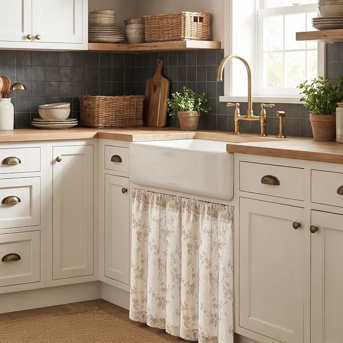 Lazzzy Elisa Floral Kitchen Curtains 36 Inch Linen Cafe Curtains Farmhouse Half Window Drapes Over Sink Light Filtering for Small Windows Rod Pocket Back Tab 2 Panels Taupe on Beige