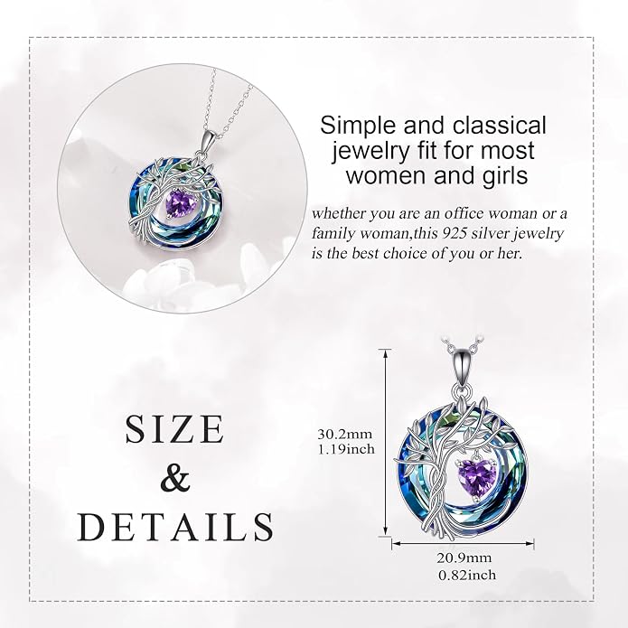 POPLYKE Mothers Day Gifts for Mom Her Wife Tree of Life Necklace 925 Sterling Silver Birthstone Pendant with Crystal Anniversary Birthday Wedding Jewelry for Women