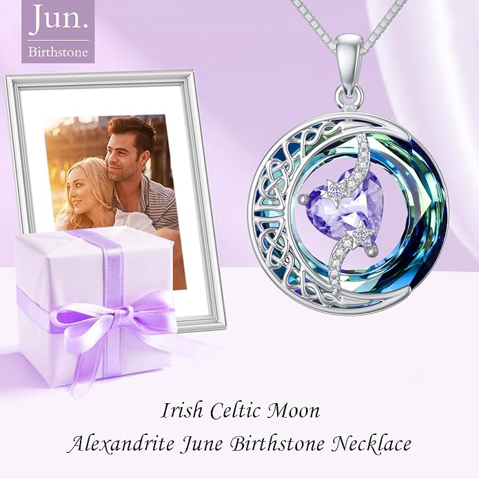 TOUPOP Birthstone Necklace 925 Sterling Silver Moon and Star Pendant Celtic Moon Jewelry with Blue Crystal Anniversary Birthday Gifts for Women Mom Wife Her