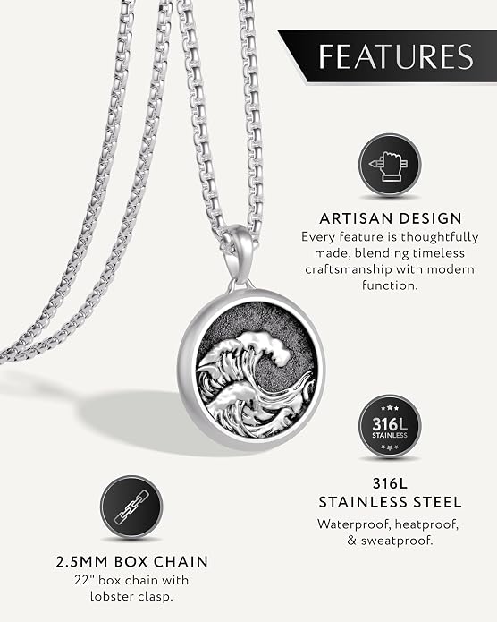 RTZN® Pendant Necklace for Men – Premium Stainless Steel Silver Pendant Necklace with 22" Chain – Waterproof & Non-Tarnish Small Pendants for Men – Bold Symbols of Strength & Legacy