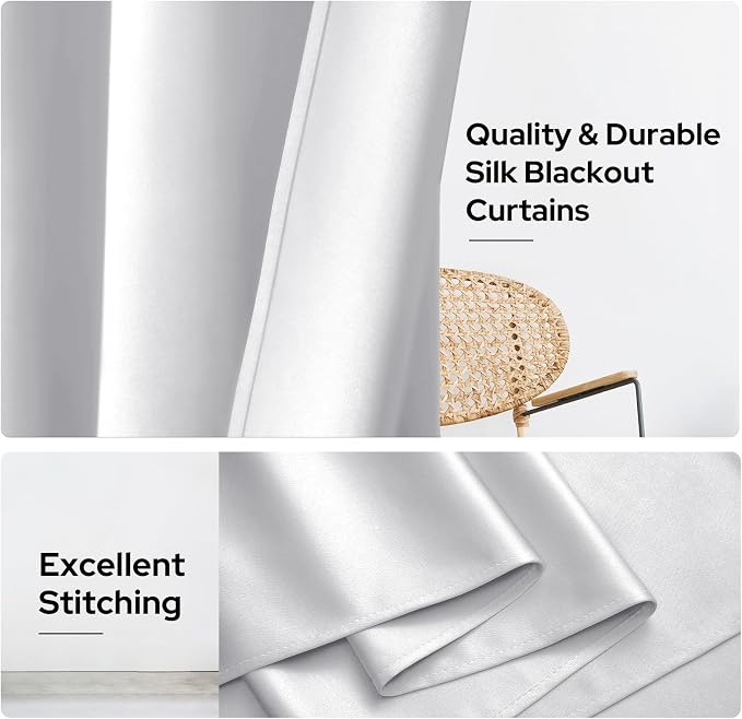 HOMEIDEAS 2 Panels Greyish White Faux Silk Blackout Luxury Curtains, 52 X 96 Inch Room Darkening Satin Thermal Insulated Window Drapes for Bedroom Decor, Indoor
