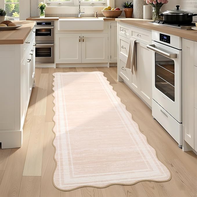 Garvee Washable 2x6 Bathroom Rug Runners Kitchen Rug Hallway Runner Rugs Non Slip Low Pile Faux Wool Scalloped Rugs, Modern Solid Color Carpet for Bedroom Entryway Laundry Foyer,Natural Ivory