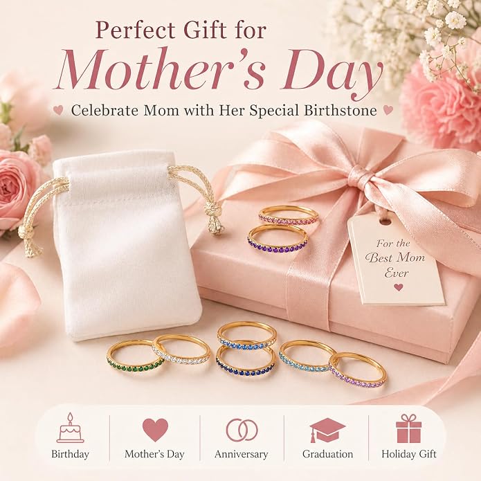Birthstone Rings For Women, Silver Stackable Cubic Zirconia Stainless Steel Birth Stone Ring To My Daughter/Mom Birthday Unique Gifts Jewelry