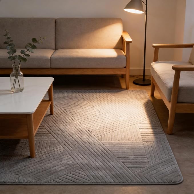 Grey 8x10 Geometric Area Rug - Modern Geometric High-Low Pile Gray Rugs for Living Room Bedroom, Washable Non-Slip Textured Indoor Carpet for Nursery, Kids Room, Apartment House, Home Office