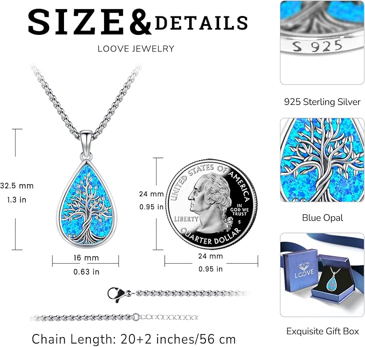 Jewelry Gifts - Tree of Life Necklace Sterling Silver Abalone Shell/Opal/Moonstone/Black Onyx/Turquoise/Malachite/Crystal Family Tree of Life Jewelry for Women Men