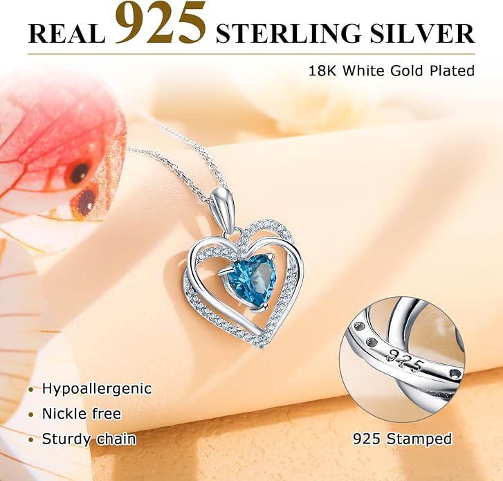 Anniversary Charm Necklace, Sterling Silver 14K Gold Plated Chain with Interlocking Heart Pendant Elegant Birthstone Necklaces for Women, Length 18"