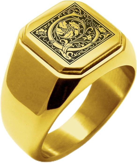 Jewelry | Stainless Steel Letter Alphabet Initial Ring | Square Flat Top Ring for Men & Women | Stainless Steel Jewelry, (Black, Gold, Silver), Size 7-16