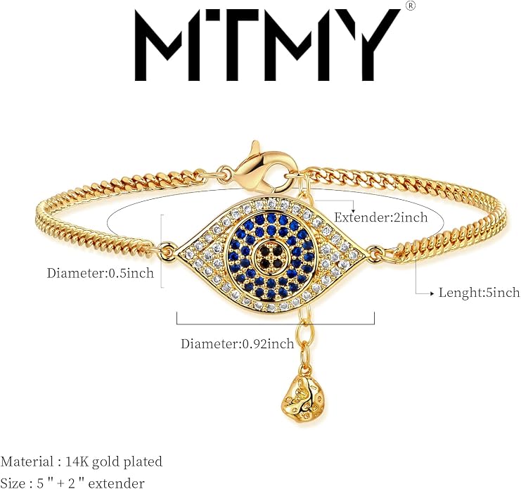 MTMY Evil Eye Bracelet for Women 14K Gold Plated Dainty Bracelets with Crystcal Adjustable Chain Cute Eye Bracelet Gold Jewelry for Her