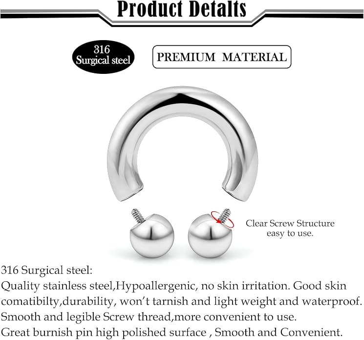 20G-00G Septum Rings horseshoes Nose Rings Hoops 316L Surgical Steel Snake Bites Lip Nipple Ring Cartilage Tragus Helix Rook Conch Daith Earrings Pa Piercing Jewelry for Women Men