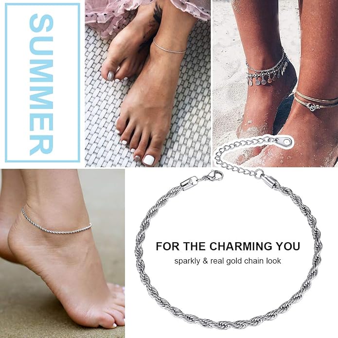 GoldChic Adjustbale Link Chain Anklet for Women Summer Jewelry, 316L Stainless Steel Figaro/Wheat/Twist Rope/Cuban Foot Bracelet-Waterproof, Resizable 9"-12" (Gift Box Included)