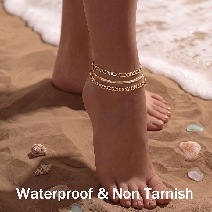 DEARMAY Gold Anklets for Women Waterproof, Non Tarnish14K Gold Plated Ankle Bracelets Set Stack, Summer Beach Jewelry Gifts for Vacation, Bikini Outfits for Women Mom Her
