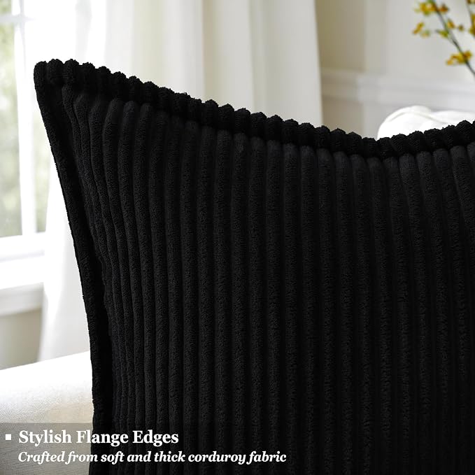 decorUhome Fall Corduroy Black Throw Pillow Covers 18x18 Set of 2 | Couch Decorative Soft Modern Boho Farmhouse Pillow Covers Broadside Striped Pillow Cases for Living Room Bed Sofa