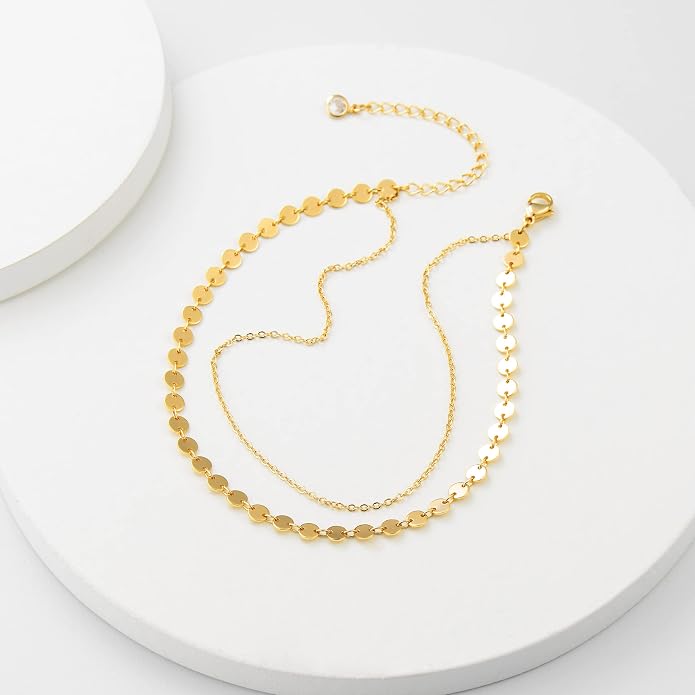 Dainty Gold Double Layer Disc Anklet for Women, 14K Gold Plated Sequin Chain Foot Bracelet, 8.5"+2" Adjustable Delicate Stackable Ankle Bracelet, Minimalist Summer Beach Jewelry Gift for Her