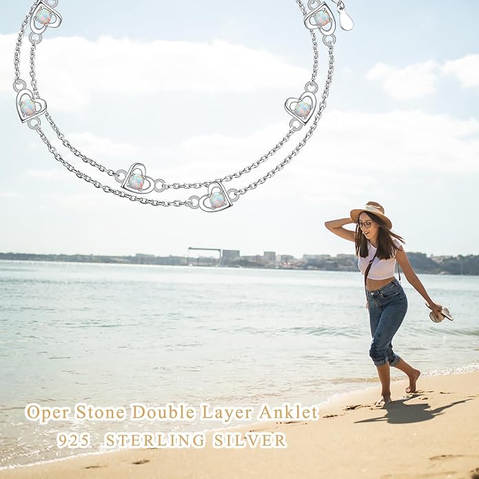 Flyow Anklet for Women S925 Sterling Silver Adjustable Foot Beaded Heart Charm Ankle Bracelet Anklets Jewelry