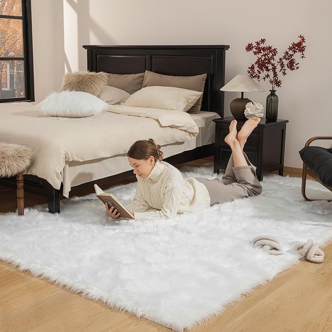 Ashler Faux Fur Rug, Fluffy Shaggy Area Rug Ultra Soft 6 x 9 Feet Rectangle Fur Rug White Fuzzy Rug Machine Washable Shag Rug, Nursery Decor Throw Rugs for Bedroom, Kids Room, Living Room