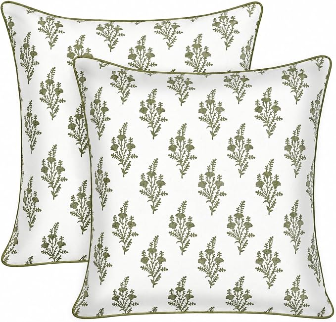 Ridhi Natural Spring Block Print Pillow Cover 18" x 18" (Pack of 2) Decorative Couch Pillows for Living Room, Farmhouse Chic Boho Cute Outdoor Pillows Covers Gifts for Spring, Mother's Day