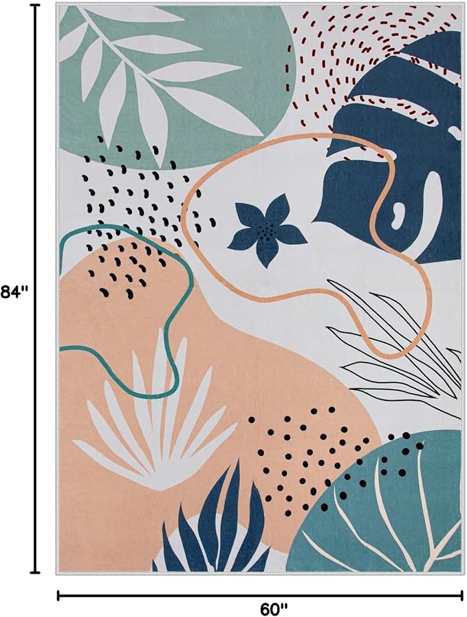 Lahome Washable Area Rug 5x7 - Non-Slip Soft Carpet for Bedroom Ultra-Thin Stain Resistant Rug for Living Room Throw Cute Kids Nursery Rug, Boho Botanical Print Indoor Rugs for Entryway Office